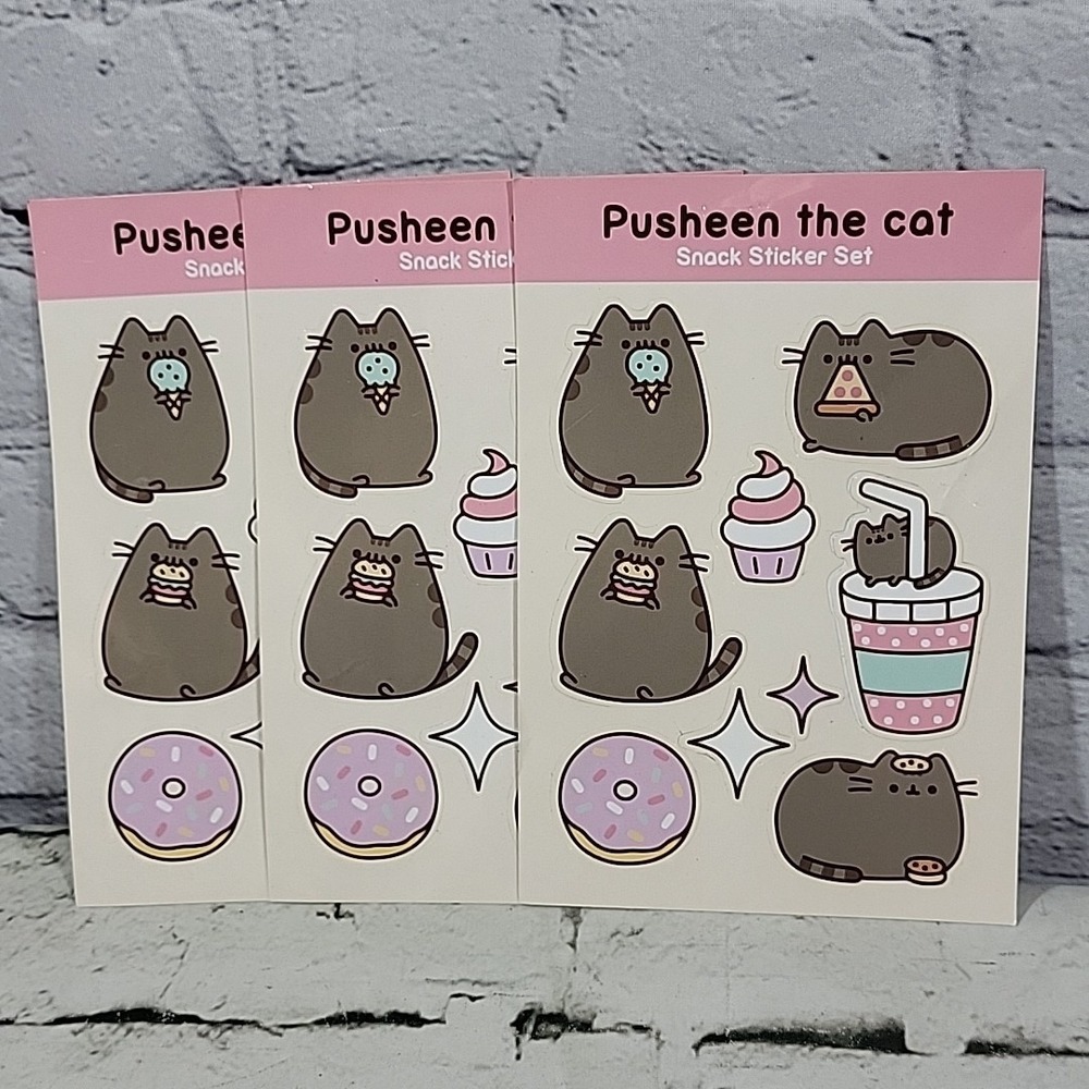 Pusheen The Cat Snack Stickers Lot Of 3 Sheets Skateboard Water Bottle Decals